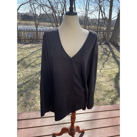 Jaclyn Smith Ladies Plus Black Button-Front V-Neck Long Sleeve Blouse Lightweigh - Picture 1 of 10